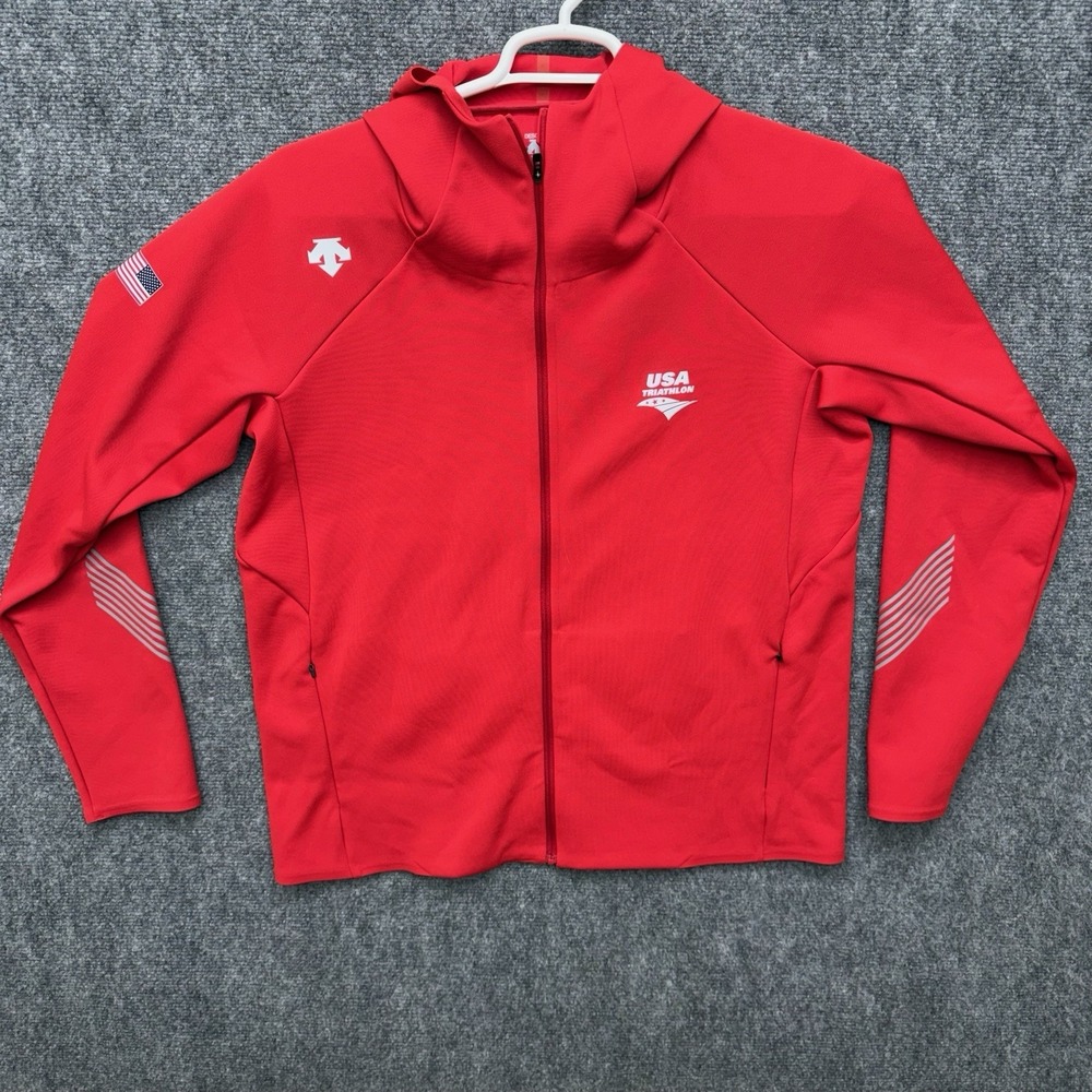 Descente Track Jacket USA Triathlon hooded full zip Red‎ Men's size XL